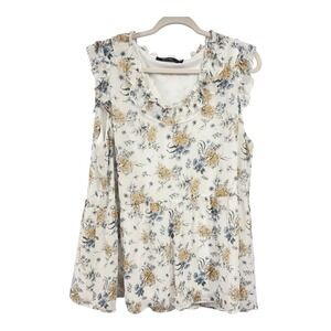 Doe & Rae Women's 1XL White Floral Ruffle Neck Sleeveless Tiered Babydoll Top